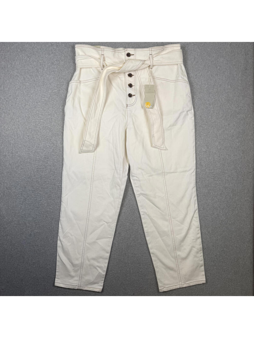 Brand New Boden Women's Size 14R White Tapered Leg Belted Pants Trousers Button